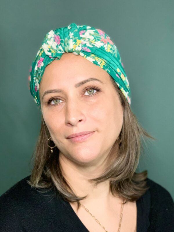 Turban de Chimio Modèle SUZE Vert arabesques Fleuries